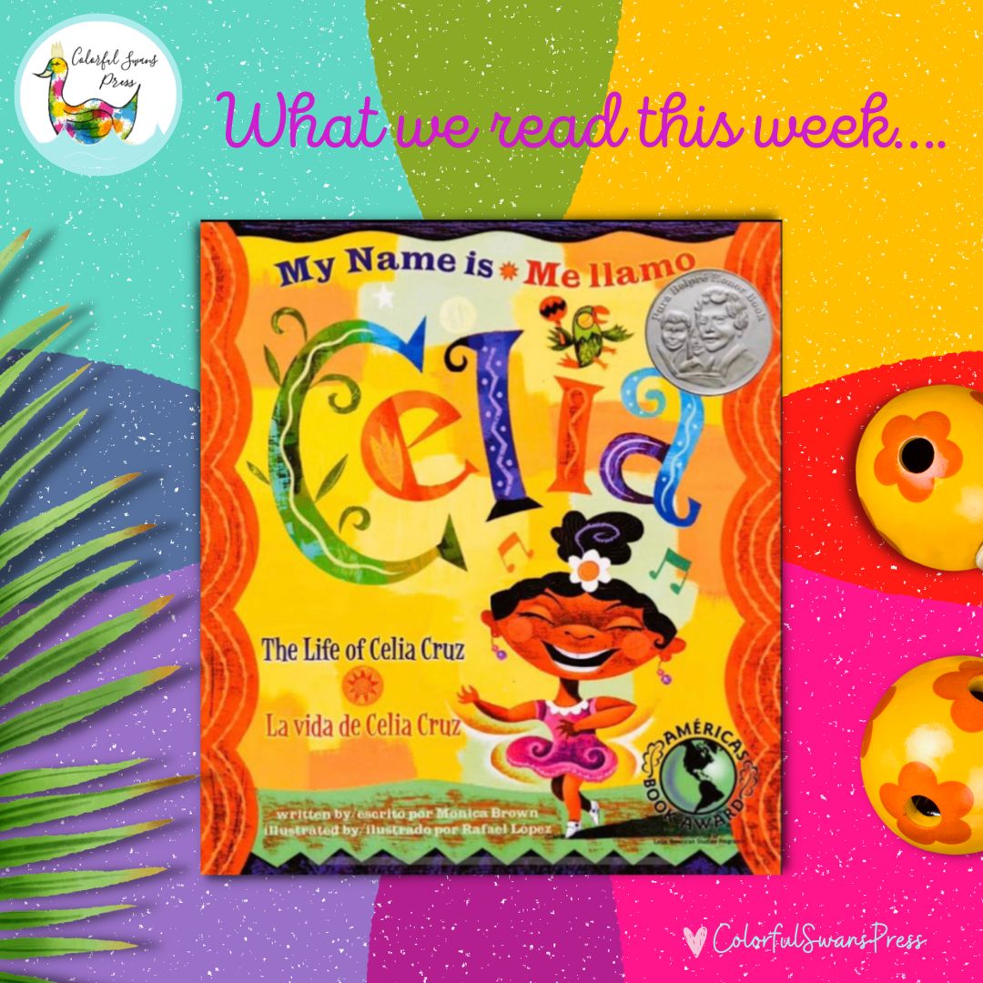 A picture of the children’s book Me llamo Celia: The Life of Celia Cruz, next to a set of maracas and a palm frond.