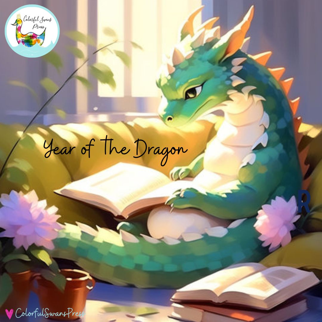 A cartoon dragon reading a book beside pink flowers.