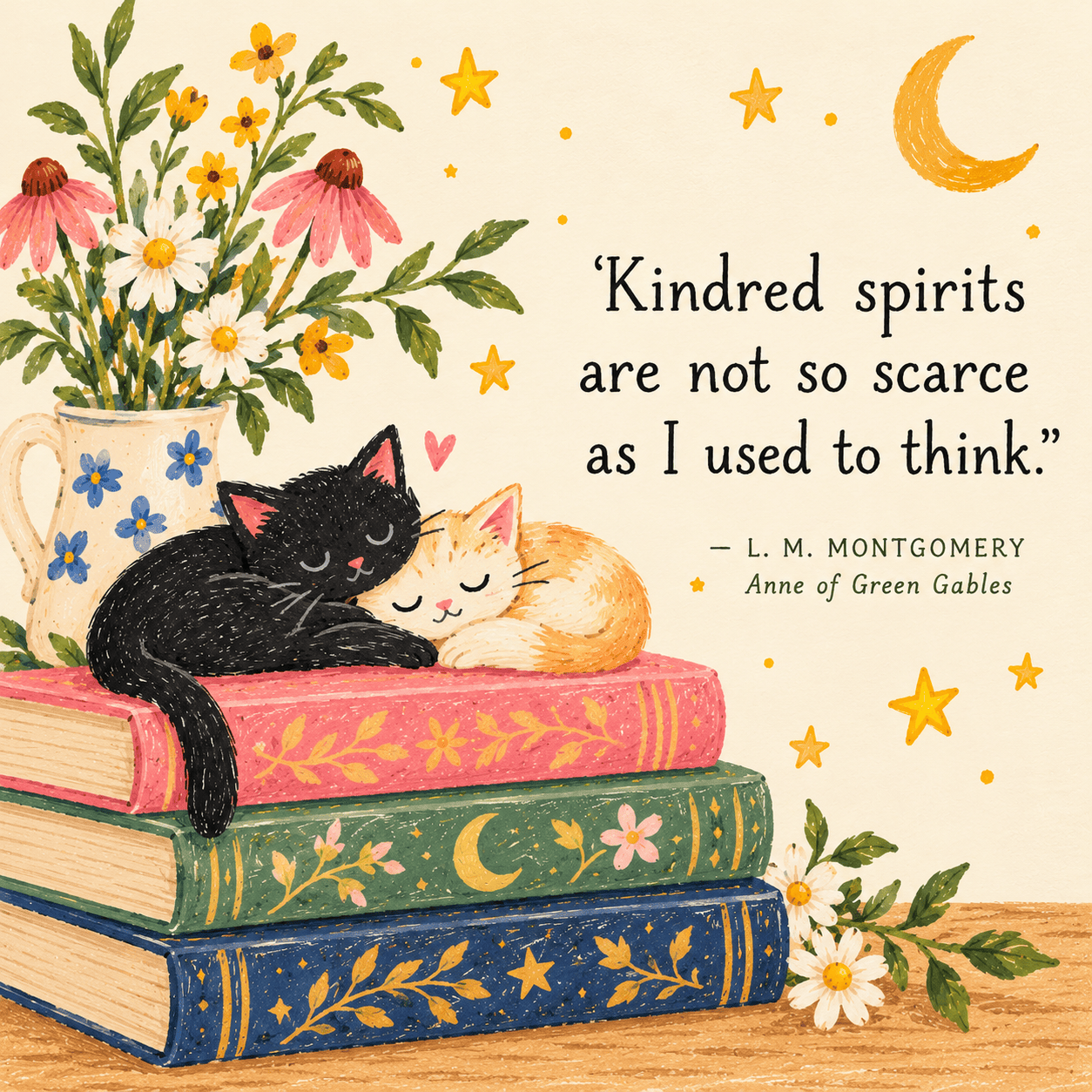 Two illustrated cats cuddling on a colorful stack of books beside flowers, with a quote about kindred spirits from Anne of Green Gables.
